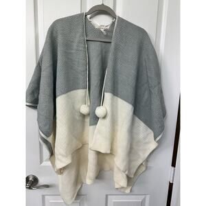 LC Lauren Conrad Shawl Wrap Sweater Pom Pom Tie Front White Blue Gray OS Cape
